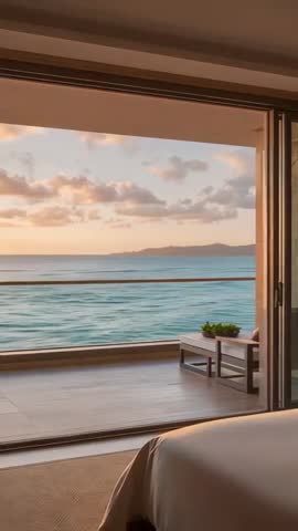 Vertical video revealing sunlit ocean view from luxury suite balcony at sunset