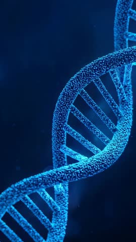 Rotating glowing DNA helix pulsing with luminescent nanoparticles in blue haze
