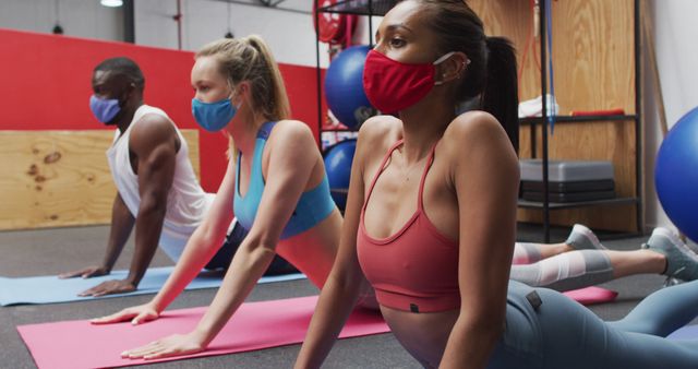 Diverse Group Practicing Yoga Wearing Masks in Fitness Studio - Download Free Stock Images Pikwizard.com