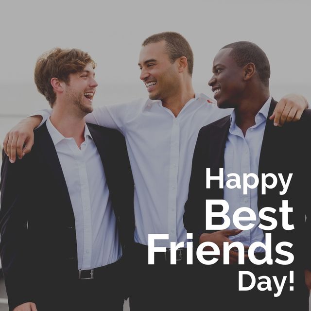 Digital composite image of best friends day text over happy multiracial friends with arms around. friendship, togetherness and bonding concept.