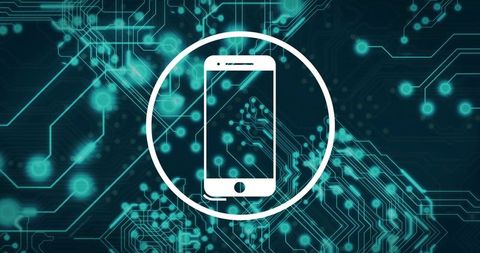 Displaying Smartphone Icon Over Neon Circuit Board Representing Mobile Connectivity
