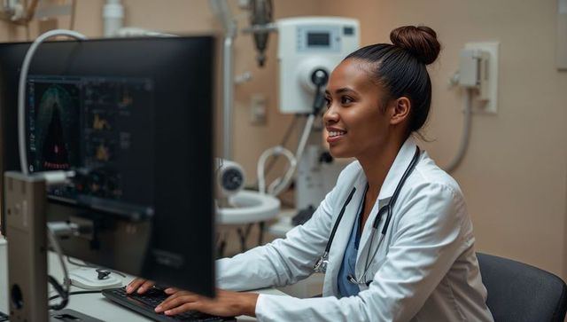 Female physician reviewing diagnostic scans on computer with stethoscope in exam room
