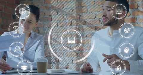 Colleagues Collaborating with Futuristic Digital Interface