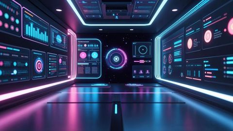 Futuristic spaceship corridor with holographic displays