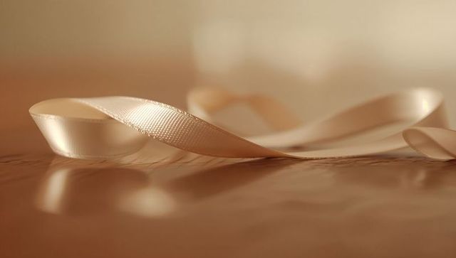 Pale champagne satin ribbon forming gentle loop on glossy tabletop with soft bokeh light