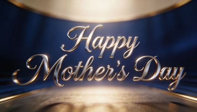 Luxurious gold script happy mother's day 3d typography on spotlighted stage with glossy floor