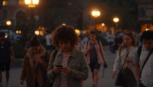 Curly-haired woman checking smartphone while walking through illuminated evening plaza