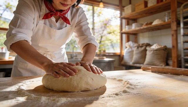 Artisan baker kneading dough on sunlit wooden counter, wearing red scarf and white apron