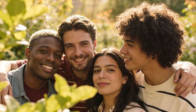 Sunlit friends linking arms in garden embracing diversity, togetherness, golden hour warmth