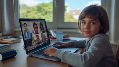 Child Engaging in Online Group Call at Home