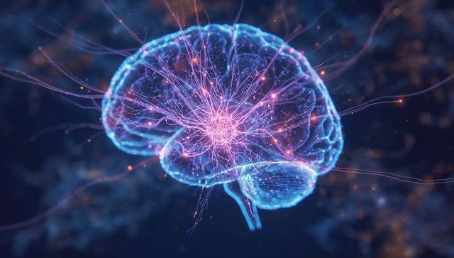 Glowing Neon Brain with Pulsating Neural Connections in Digital Void