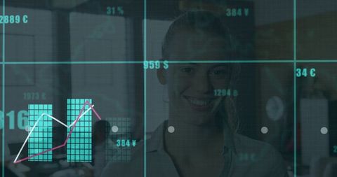 Smiling woman presenting digital dashboard with data overlays in modern office collaboration