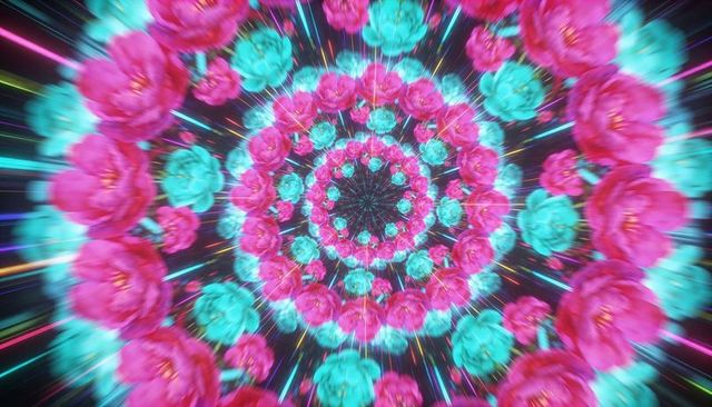 Rotating neon floral mandala drawing eye into cosmic void with glowing cyan magenta roses