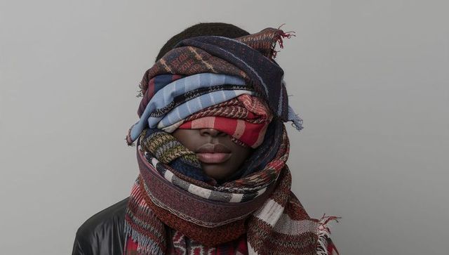 Layered patterned scarves blindfold fashion portrait wearing leather jacket