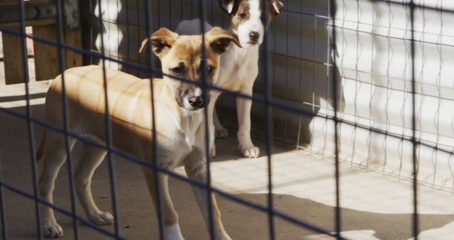 Two puppies are standing behind a fence in an animal shelter. The dogs are looking through the wire fence, illuminated by sunlight streaming in. This image possibly highlights themes of pet adoption, animal rescue, and humane treatment of animals. It is ideal for use in promoting pet adoption campaigns, illustrating articles about animal shelters, and informing viewers about rescue organizations.