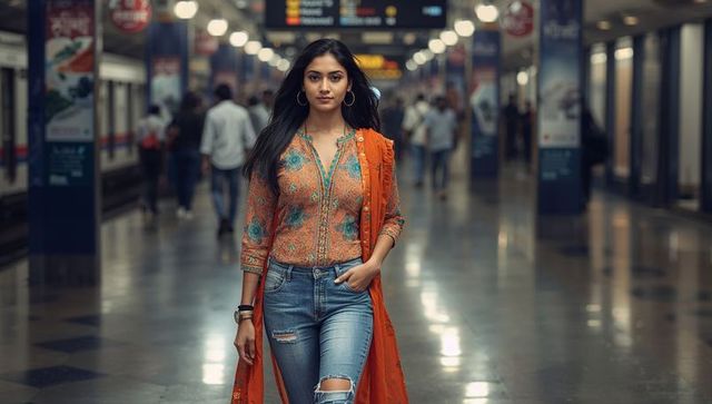 Confident commuter in vibrant kurta navigating urban metro station