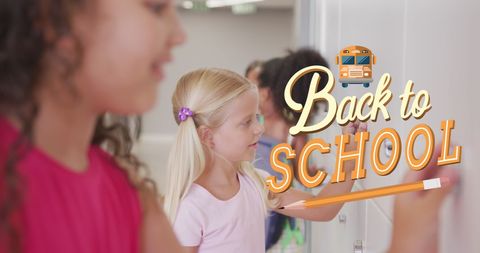 Diverse Children in Classroom with Back to School Text Overlay