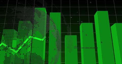 Rising green 3D bar chart showcasing neon line nodes on virtual analytics grid