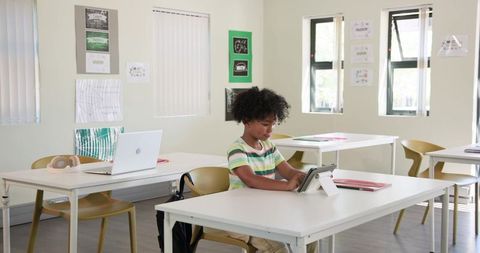 Elementary student using tablet in bright classroom, studying digitally, focused learning