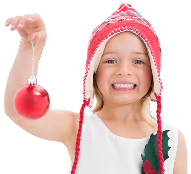 Happy Girl Holding Red Christmas Bauble on Transparent Background - Download Free Stock Videos Pikwizard.com