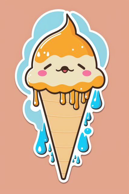 This illustration depicts a smiling, melting ice cream cone with a kawaii face, dripping colorful drops. Suitable for use as a sticker, on stationery, in digital media, or as a fun element in children's merchandise. The happy and playful design appeals to both kids and those who enjoy cute art.