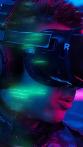 Gamer Reacting and Adjusting VR Headset with Neon Green Glitches in Vertical Cyberpunk Clip