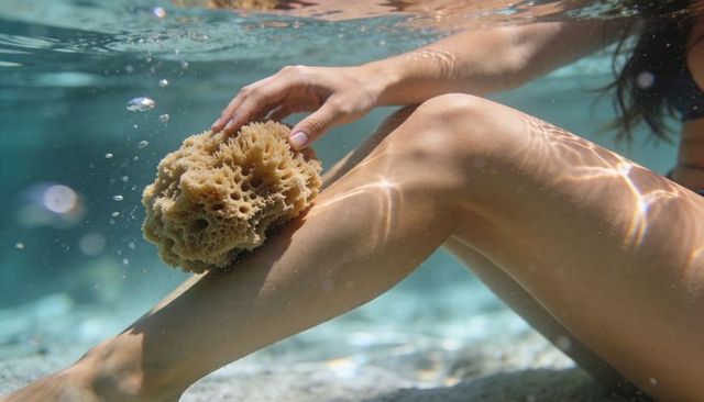Woman exfoliating with natural sea sponge underwater in sunlit shallow turquoise water
