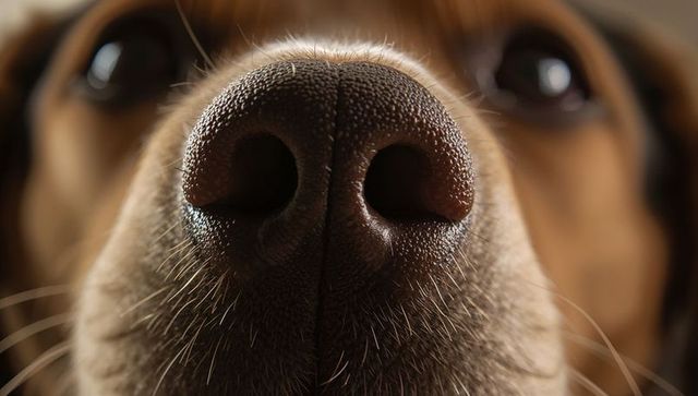 Extreme close-up wet dog nose revealing texture, whiskers and pores