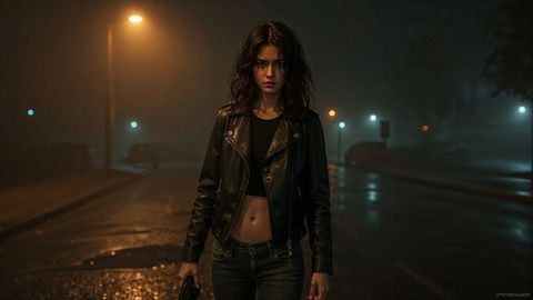 Female burglar in leather jacket standing on misty night street