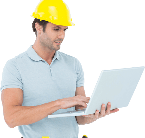 construction worker with yellow hard hat using laptop transparent background - Download Free Stock Videos Pikwizard.com