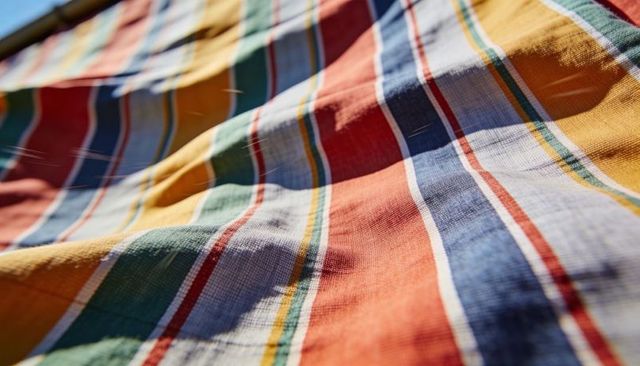 Sunlit striped cotton fabric on clothesline catching sunlight showing woven texture