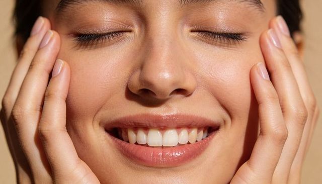 Smiling woman cupping cheeks with hands close-up showing glossy lips and glowing skin