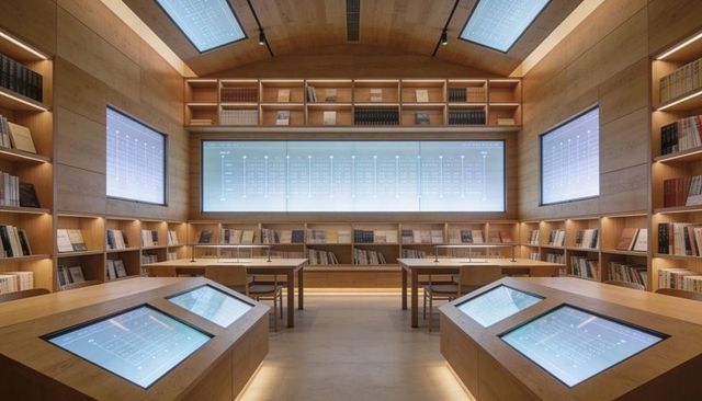 Minimalist wooden library study room with interactive touchscreens and digital wall display