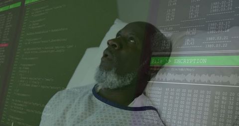 Senior Patient on Hospital Bed with Encryption Code Overlay