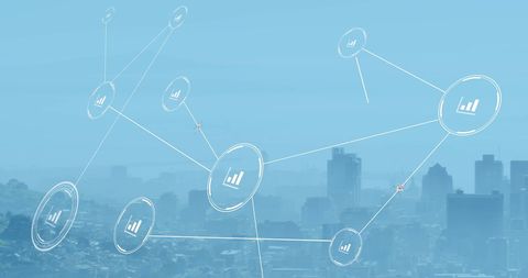 Futuristic Digital Network with Connected Icons over Cityscape - Download Free Stock Images Pikwizard.com