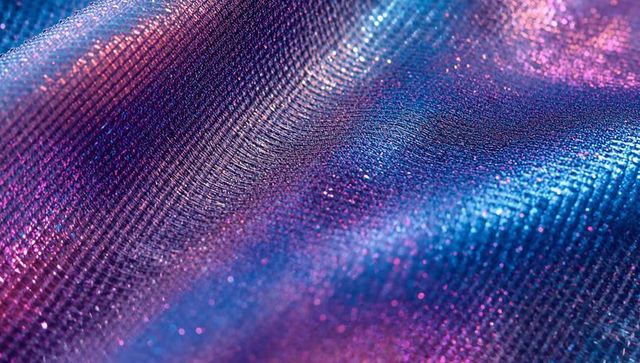 Iridescent metallic woven fabric macro texture with holographic glitter and prism gradient
