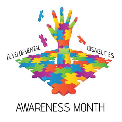 colorful puzzle hand symbol for developmental disabilities awareness month - Download Free Stock Templates Pikwizard.com