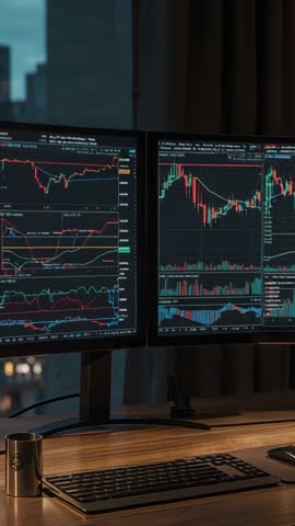 Vertical video: Trader monitoring dual monitors with live trading charts and market analytics