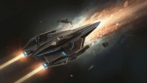 Stealth Starship Racing Through Luminous Nebula with Twin Thrusters and Escort Drones