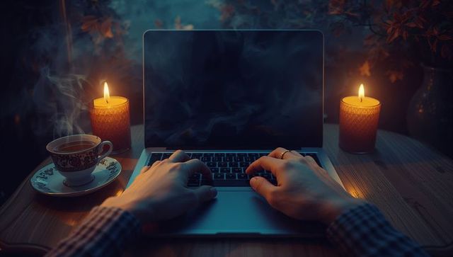 Cozy Evening Workspace with Laptop and Candlelight