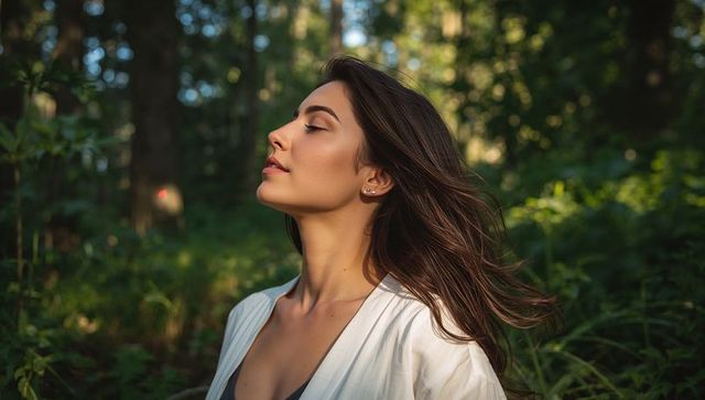 Woman breathing forest air with eyes closed, white shirt, contemplative portrait