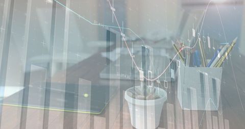 Financial Graphs Overlay Desk with Laptop in Office Background - Download Free Stock Images Pikwizard.com