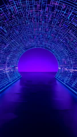Gliding Through Neon Circuit Tunnel Toward Purple Portal | Vertical Cyber Future Journey