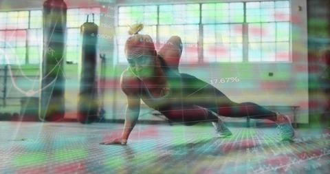 Holding One-Arm Plank: Fit Woman Performing Core Strength Training with Data Overlay in Gym