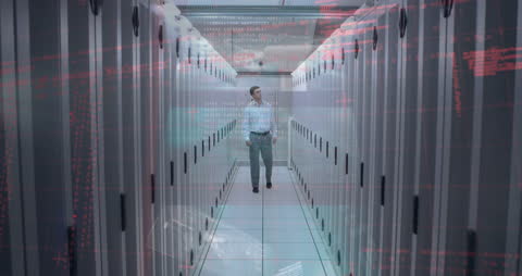 Engineer Navigating Futuristic Data Server Room with Digital Interface