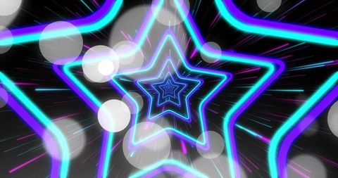 Glowing Neon Star Tunnel with Cyan and Magenta Streaks and Soft Bokeh for Retro Tech