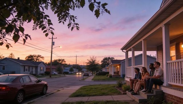 Friends relaxing on suburban porch steps at pastel twilight sunset