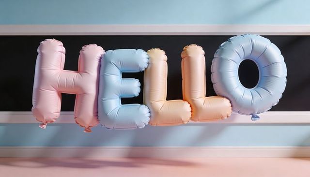 Pastel foil letter balloons spelling hello floating over minimal black panel backdrop