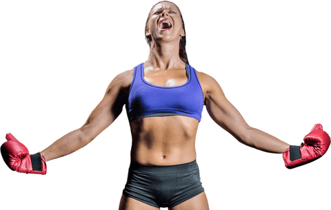 Triumphant Female Boxer Celebrating Victory in Transparent Background