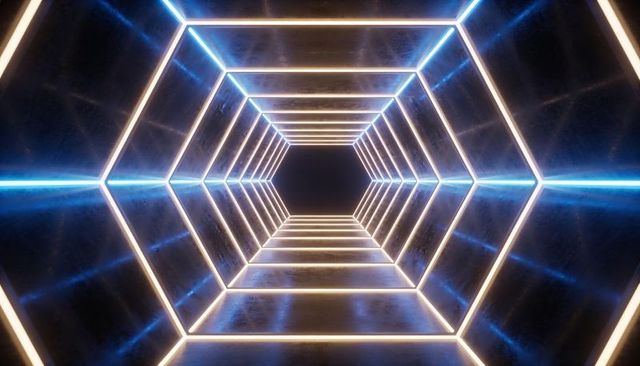 Receding Hexagon Tunnel Glowing with Neon LEDs and Reflective Futuristic Geometry